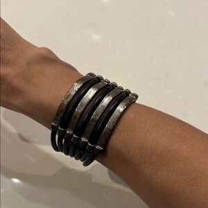 Vintage looking Black Leather and Metal Multi-Band Bracelet